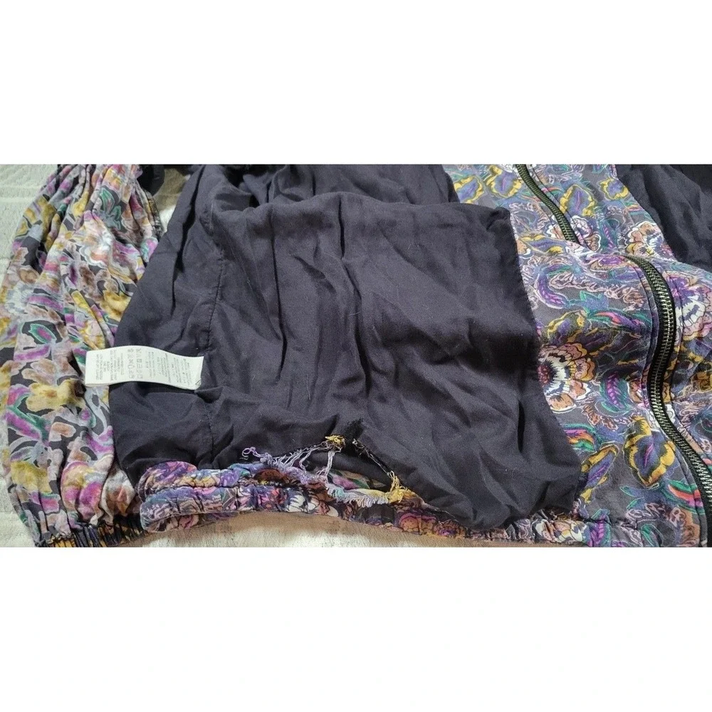 Free People Floral Bomber Jacket Women M  Boho Balloon Sleeve Festival